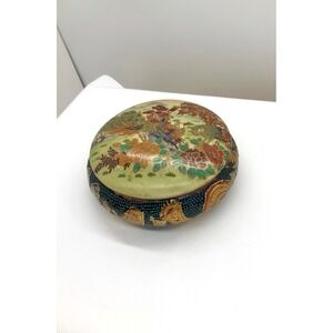 Vintage Chinese Porcelain Peacock Trinket Box Moriage Floral Gold Gilt Round